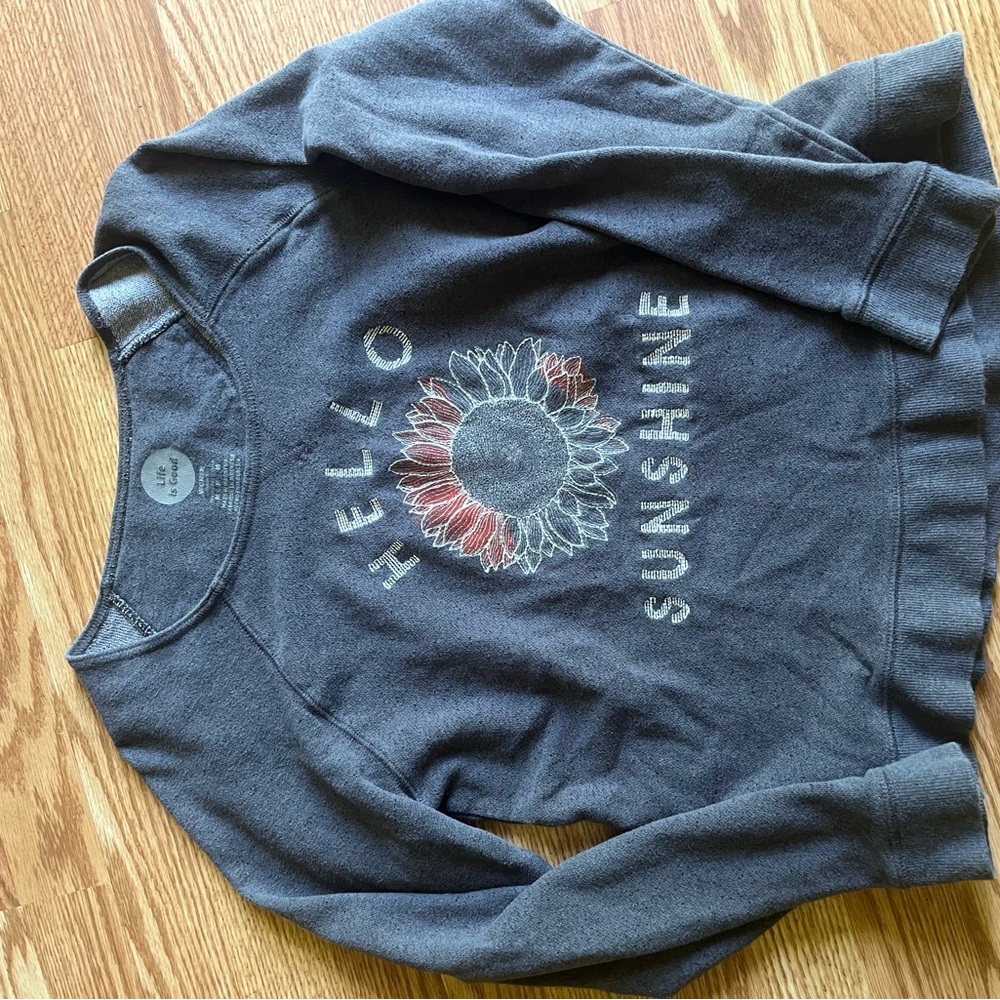 Life Is Good Charcoal Sweatshirt with Sunflower and Text